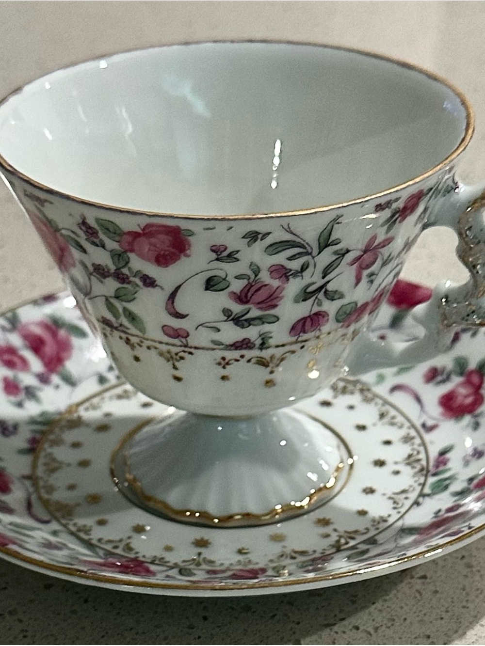 Classic Pink Floral Porcelain Teacup and Saucer with Gold Trim